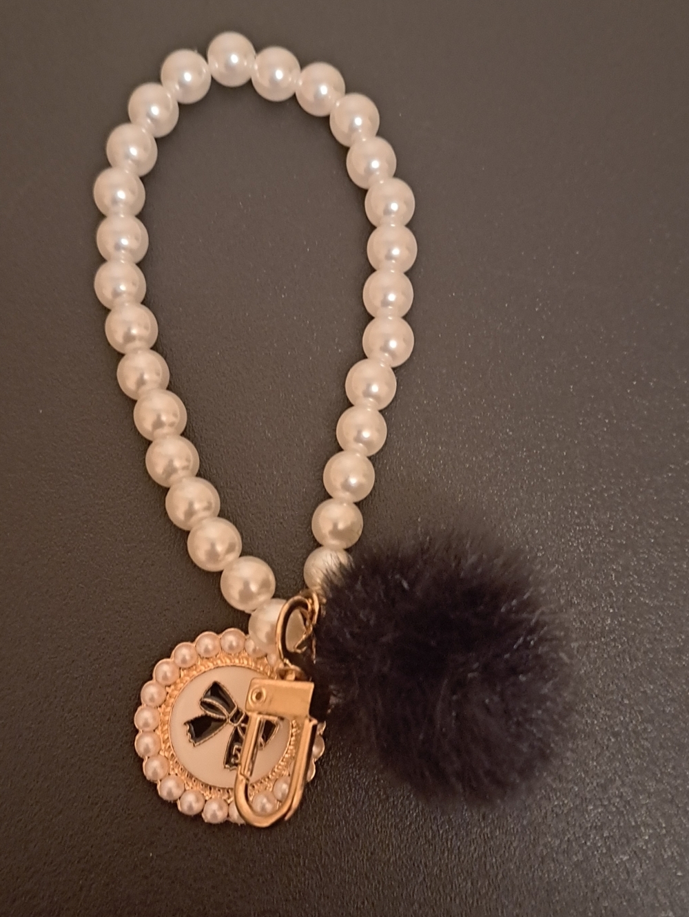 Pearl Bead Bracelet Keychain with Black Fur Pom and Gold Charm NWOT